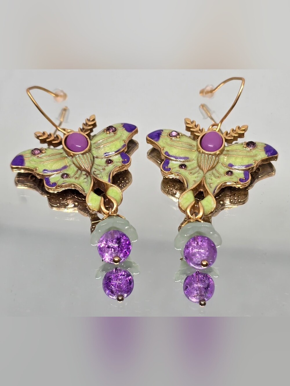 Butterfly Drop Earrings with Purple Crystals and Green Enamel